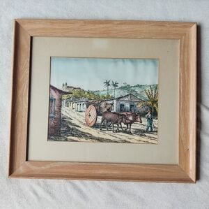 Pen and Ink Painting on Silk Oxen Cart Village Palm Trees Framed 16x14" Vintage